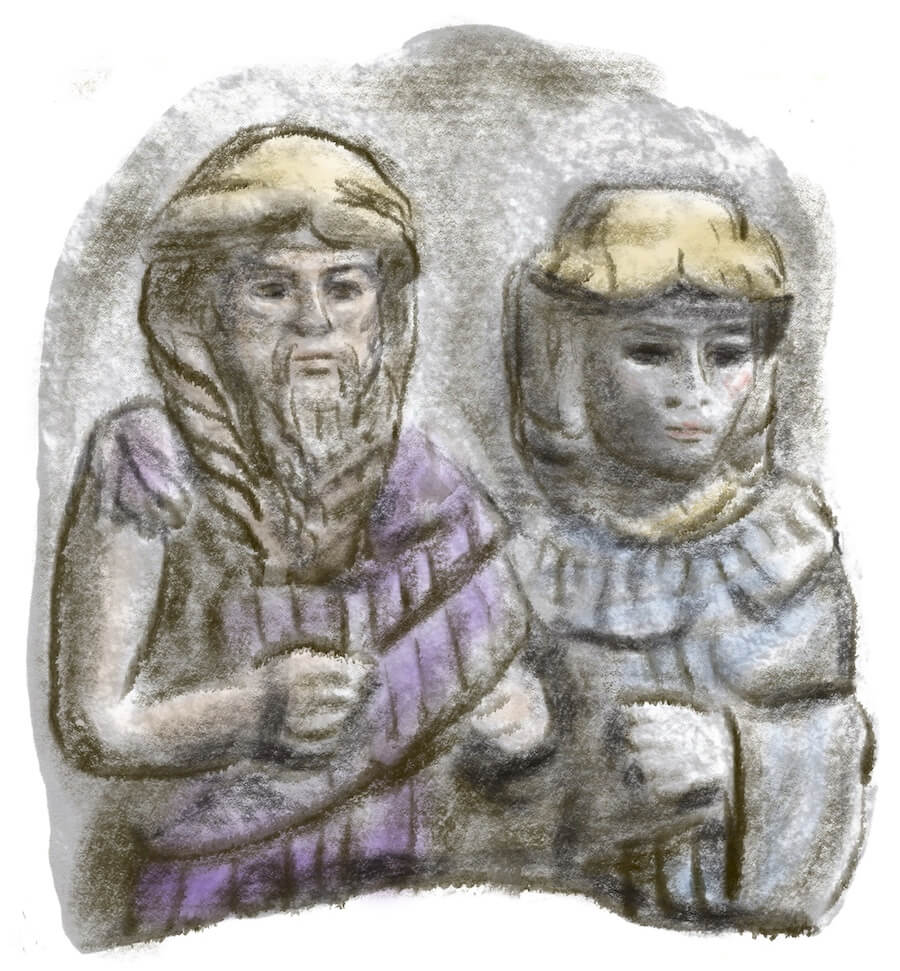 Inanna und Dumuzi (nach einer Tonplatte, Zweistromland, ca. 1800 v. Chr.)